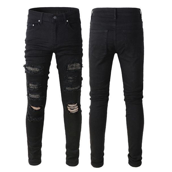 Men's Clothing American Style Ripped Jeans Men's Trendy Brand Trousers Diamond Studded Slim Black High Street Men's Trousers 565_mkmklike.com