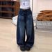 American Retro Patchwork Design Curved Hem Jeans For Women, High Street Straight Loose Slimming Wide-leg Versatile Long_mkmklike.com