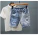 Men's Light Blue Distressed Denim Shorts Mid-Rise Straight-Leg Cutoff Patch Details Casual Summer Style Sizes 28-36_mkmklike.com