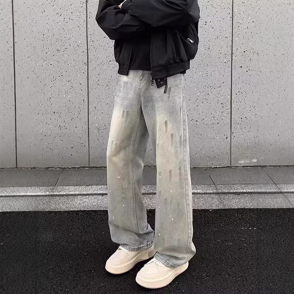 Men's Clothing Men's Street Style Cleanfit Loose Long Pants Versatile Jeans Washed Distressed Splatter Paint_mkmklike.com