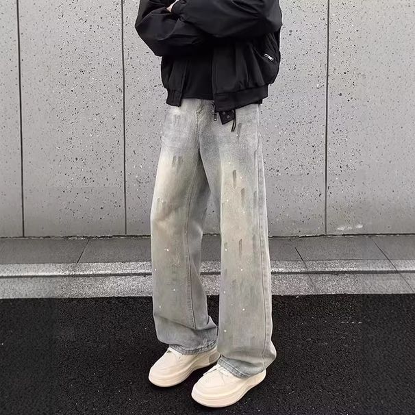 Men's Clothing Men's Street Style Cleanfit Loose Long Pants Versatile Jeans Washed Distressed Splatter Paint_mkmklike.com