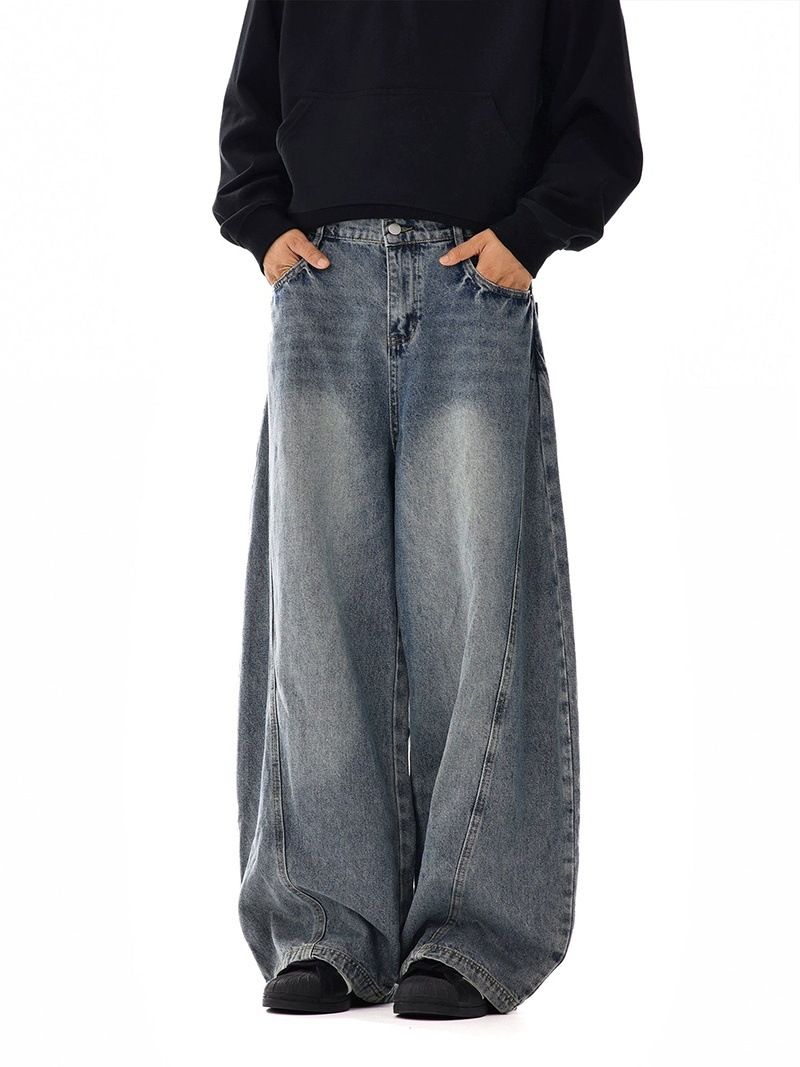 Vintage American Distressed Denim Jeans For Men - Relaxed Straight Leg Wide Cut Retro Style Comfortable Cotton Pants_mkmklike.com