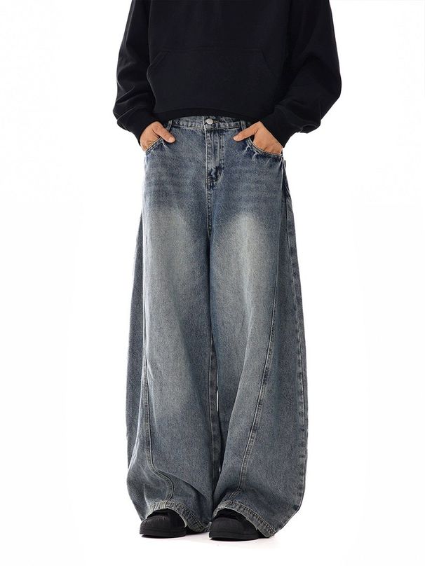 Vintage American Distressed Denim Jeans For Men - Relaxed Straight Leg Wide Cut Retro Style Comfortable Cotton Pants_mkmklike.com