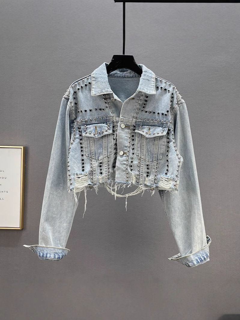 Edgy Rivet Denim Jacket For Women – Distressed Loose Fit Long Sleeve Streetwear Coat With Diamond Studs (S-XL)_mkmklike.com