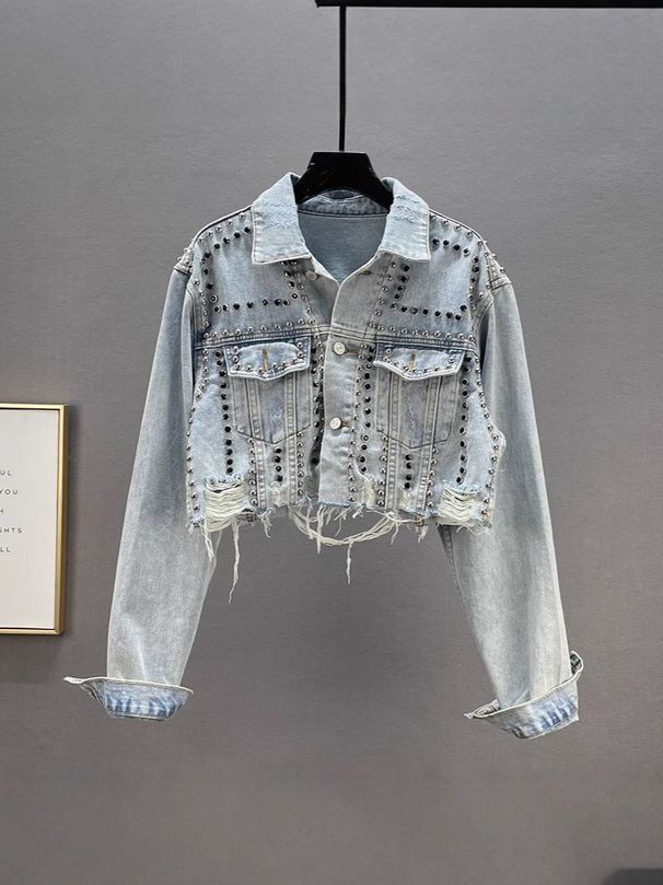 Edgy Rivet Denim Jacket For Women – Distressed Loose Fit Long Sleeve Streetwear Coat With Diamond Studs (S-XL)_mkmklike.com