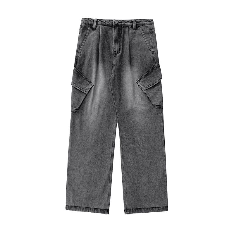 Men's Washed Distressed Work Jeans Spring Summer New Style Three-Dimensional Pockets Straight Loose Fit Long Pants_mkmklike.com