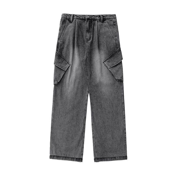 Men's Washed Distressed Work Jeans Spring Summer New Style Three-Dimensional Pockets Straight Loose Fit Long Pants_mkmklike.com