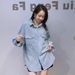 Women's European Style Long Sleeve Denim Shirt D Letter Rhinestone Detail Loose Fit plus Size Fashionable Thin Jacket for Spring Autumn_mkmklike.com