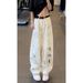Men's White Graffiti Jeans Straight Leg Loose Fit Wide Leg American High Street Style Trendy And Unique Design_mkmklike.com