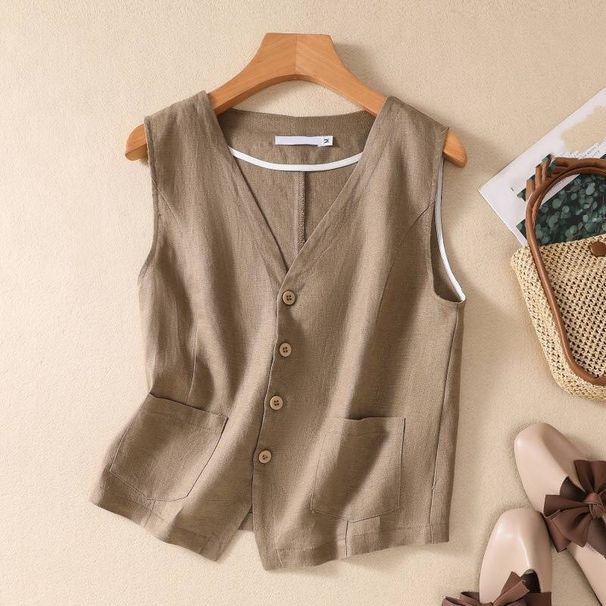Women's Clothing new fashion short cotton and linen vest single layer vest retro casual ladies sleeveless cardigan top_mkmklike.com
