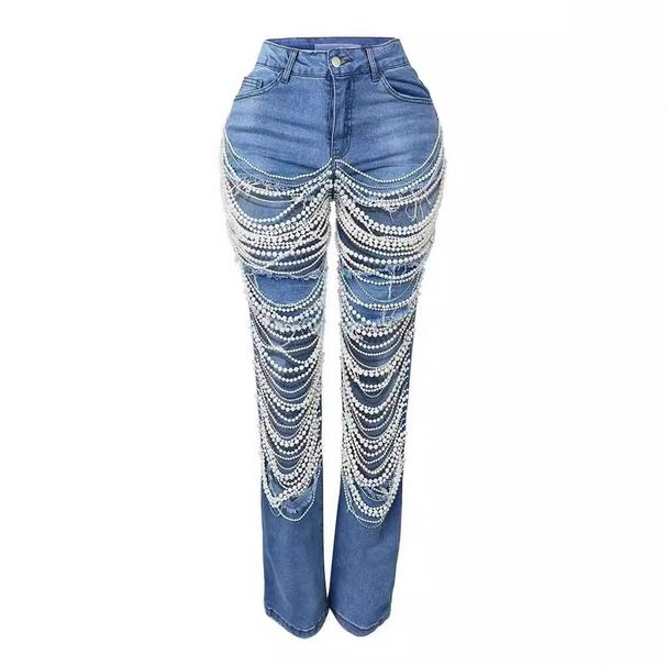 Women's Clothing Hole Heavy Beaded Beaded Stretch Jeans Trousers Women Jacket Two Piece Set_mkmklike.com