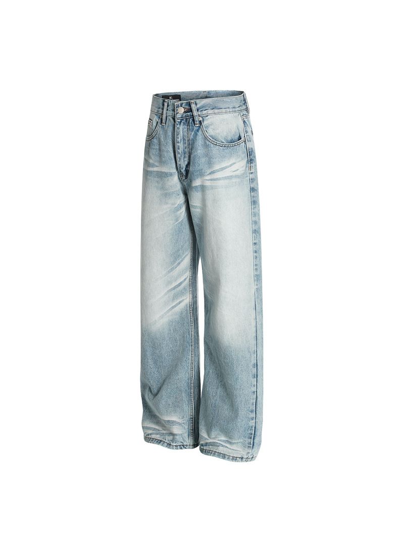 Vintage Washed Light Blue Straight Fit Jeans For Men - Classic Retro Style With Distressed Cat Whisker Details_mkmklike.com