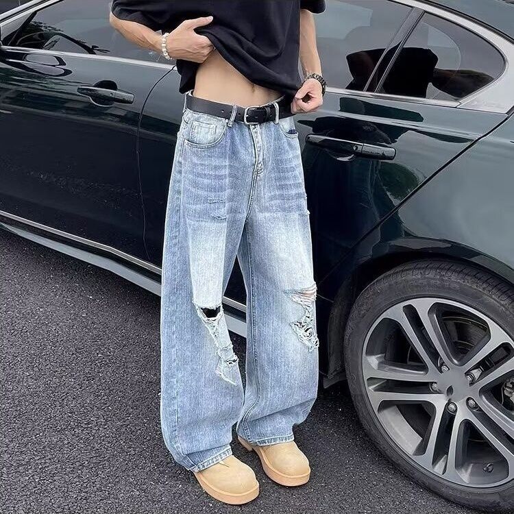 Unisex High Street Wide Leg Ripped Jeans Retro Trendy Loose Fitting Casual Floor Length Pants_mkmklike.com