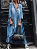 Women's Clothing Washed Denim Mid Length Sleeve Pleated Long Dress_mkmklike.com