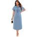 F218526 Plus Size Women's Denim Lapel Short Sleeved Zipper Mid Length Dress_mkmklike.com