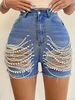 Women's High Waist Denim Shorts - Handmade Beaded Distressed Hot Pants For Summer_mkmklike.com