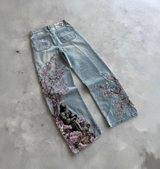 Vintage Print Straight Leg Jeans For Men, Relaxed Fit Loose Trousers, Retro Floral Pattern, Comfortable Cotton Blend, Casual Wide Leg Pants_mkmklike.com