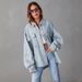 Distressed Denim Jacket Women's Oversized Workwear Coat With Raw Hem & Patchwork Design, Comfortable Casual Streetwear For Fall_mkmklike.com