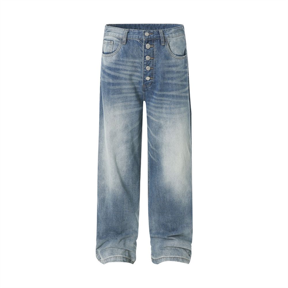 Gradient Washed Denim Straight-Leg Men's High Street Fashion Button Closure Design Ripped Loose Wide-Leg Floor-Length_mkmklike.com