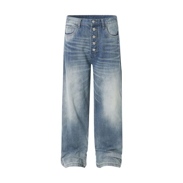 Gradient Washed Denim Straight-Leg Men's High Street Fashion Button Closure Design Ripped Loose Wide-Leg Floor-Length_mkmklike.com