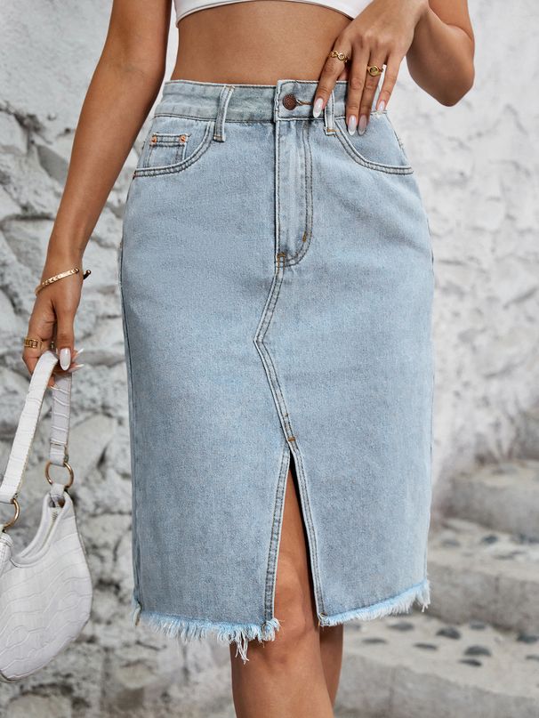 Women's Clothing Simple Denim Skirt Fashionable Hip Wrapped Slit Skirt_mkmklike.com