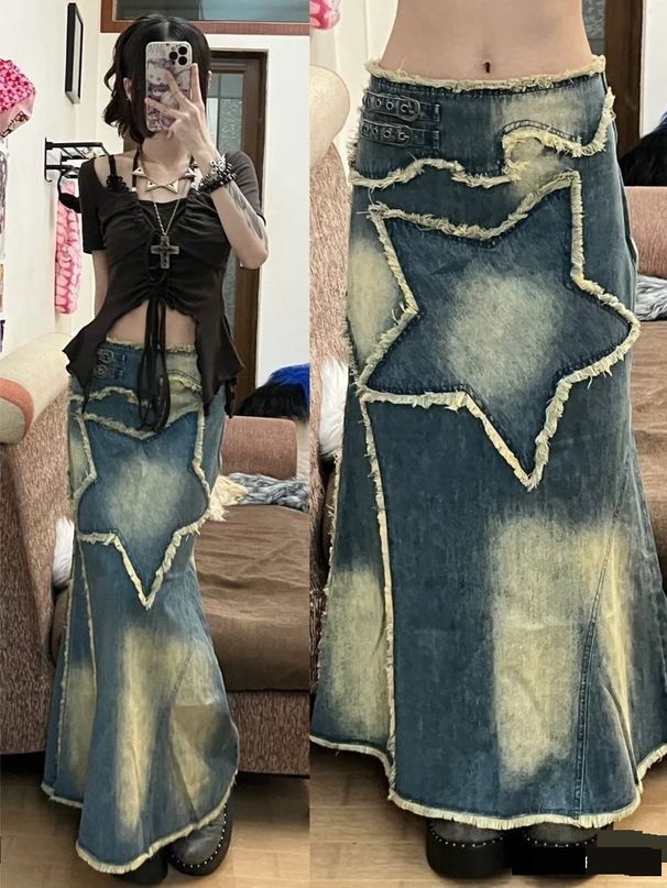 Women's Clothing New Distressed Retro Washed Denim Skirt For Women_mkmklike.com