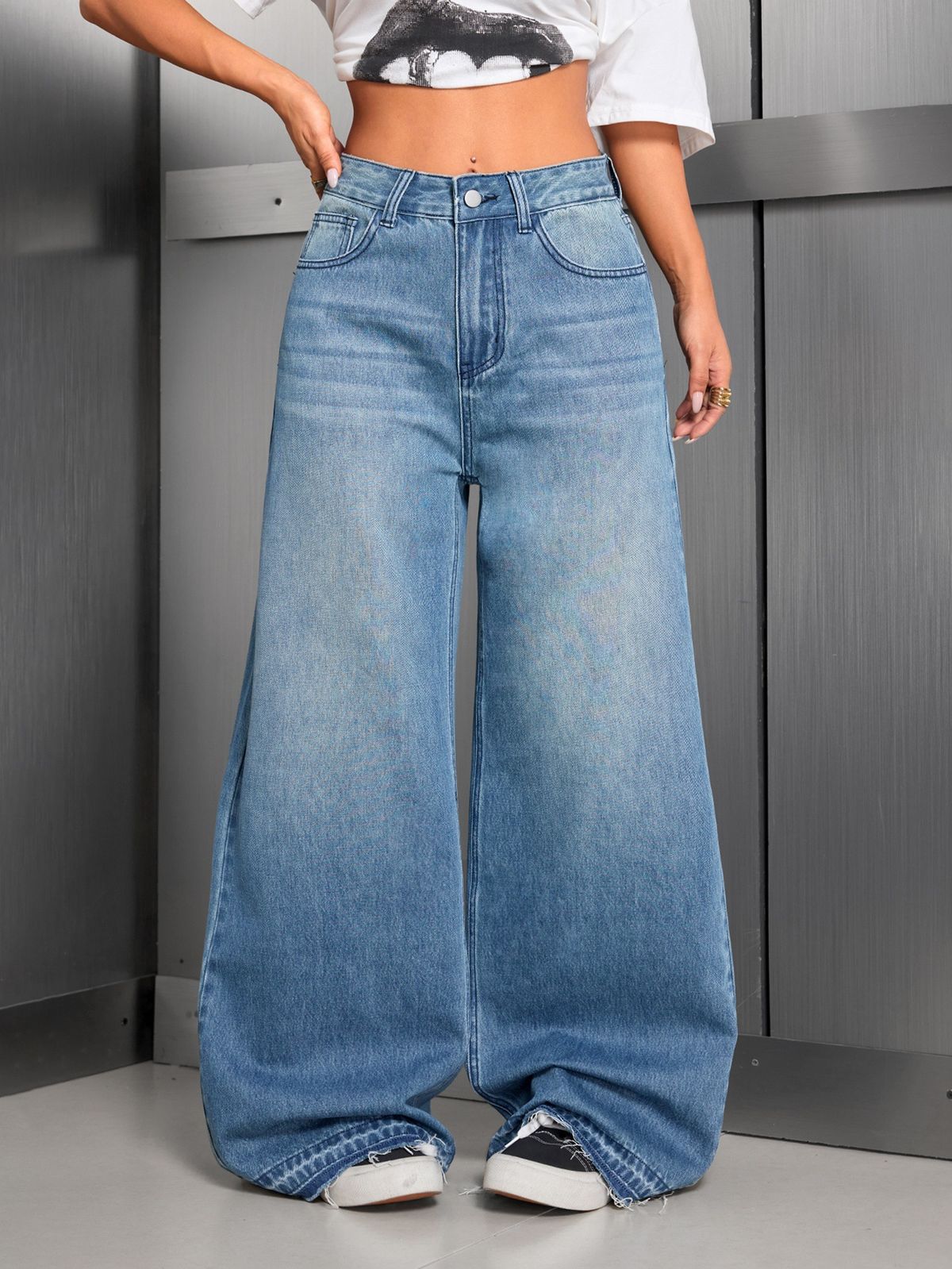 Women's Retro High Street Wide Leg Jeans Solid Color Casual Fashion Office Lady Style Spring Autumn Regular Fit Cotton Denim_mkmklike.com