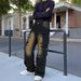 Men's Vintage Workwear Jeans - Loose Fit Straight Leg Denim Pants With Multiple Pockets, High Street Style, Washed & Distressed_mkmklike.com