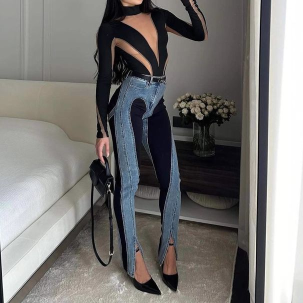 Vintage-Inspired High-Waisted Jeans – Contrast Panel & Side Slit Detail (95% Cotton, Sculpting Fit, Hand-Wash Recommended)_mkmklike.com