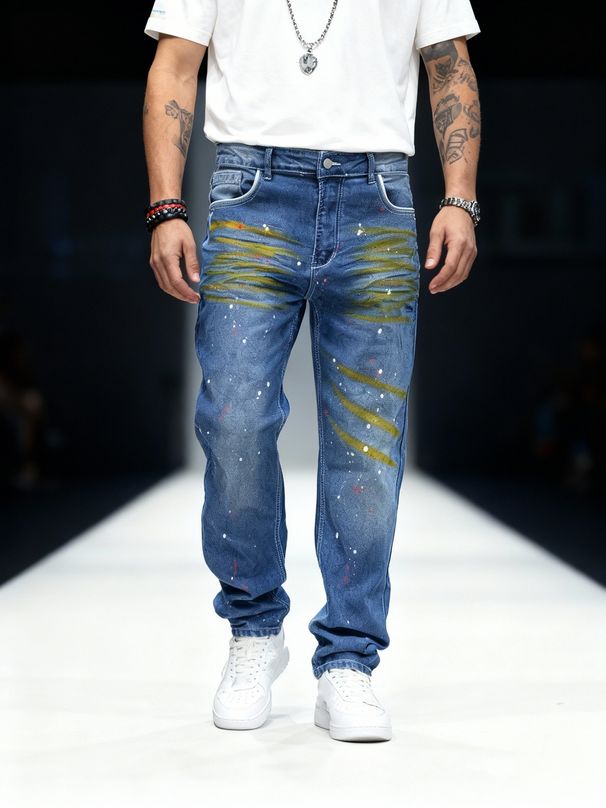 "Men's Paint-Splatter Jeans – Distressed Straight-Leg Denim Pants With Artistic Wash, Streetwear & Casual Wear, High Elastic Comfort Fit"_mkmklike.com