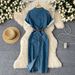 Women's Clothing Simple High End Polo Collar Denim Dress Women's Summer Belt Slim Split Design Temperament Long Skirt_mkmklike.com