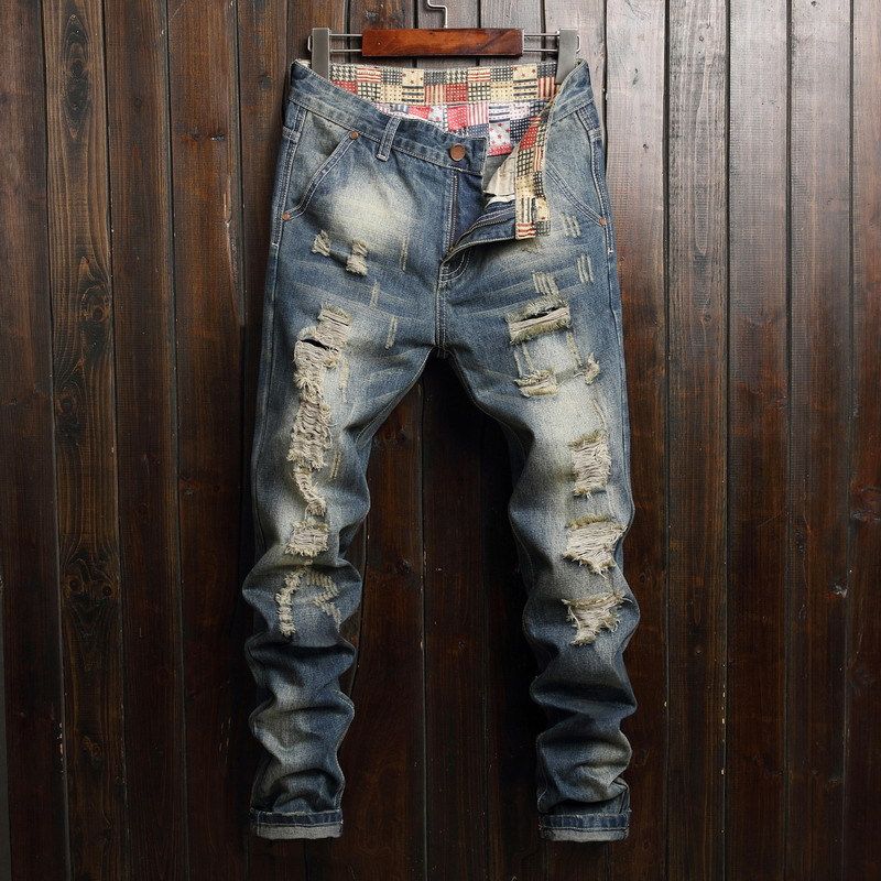 New Men's Jeans Men's Big Hole Jeans Men's Fashion Personality Straight Fit Pants_mkmklike.com