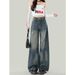 Unique Retro Blue Ripped Wide-leg Jeans For Women, Summer American-style Distressed Loose Straight-leg Pants, Versatile_mkmklike.com