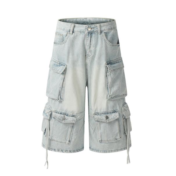 Men's Clothing Retro High Street Multi Pocket Distressed Washed Workwear Jeans Men's Trendy Street Loose Straight Shorts_mkmklike.com