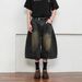 Men's Clothing Unisex Retro Washed Cracked Scimitar Cropped Jeans Loose Wide Leg Hip Hop Shorts American Street Style_mkmklike.com