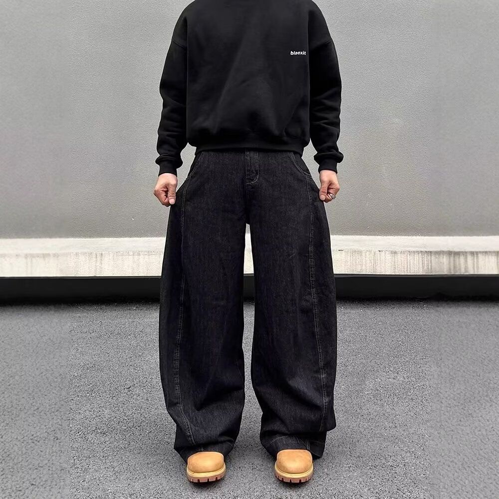 Men's & Women's High Street Washed Split Hem Jeans – Oversized Straight Leg Drop-Crotch Pants With Sickle Cut Design (S-3XL, Black-Grey)_mkmklike.com