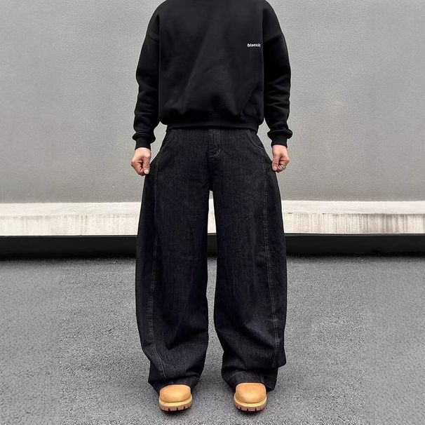 Men's & Women's High Street Washed Split Hem Jeans – Oversized Straight Leg Drop-Crotch Pants With Sickle Cut Design (S-3XL, Black-Grey)_mkmklike.com
