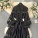 Women's design, hollow lace lace, slim long version puff sleeve dress_mkmklike.com