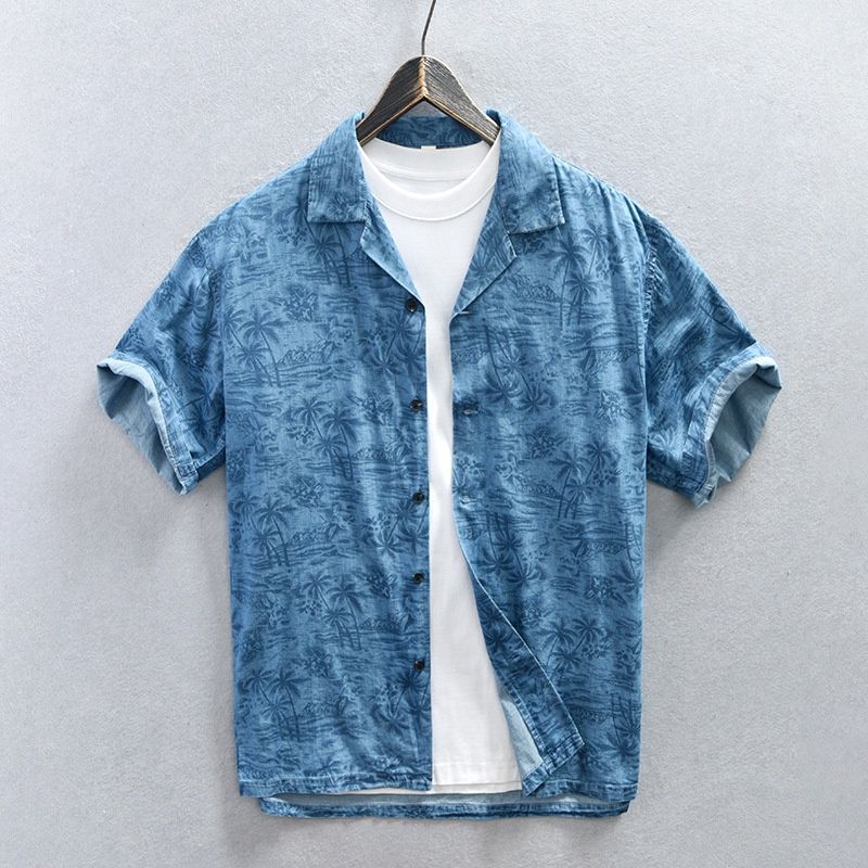 Loom Z939 Men's Cuban Collar Denim Short Sleeve Shirt Dropshipping_mkmklike.com