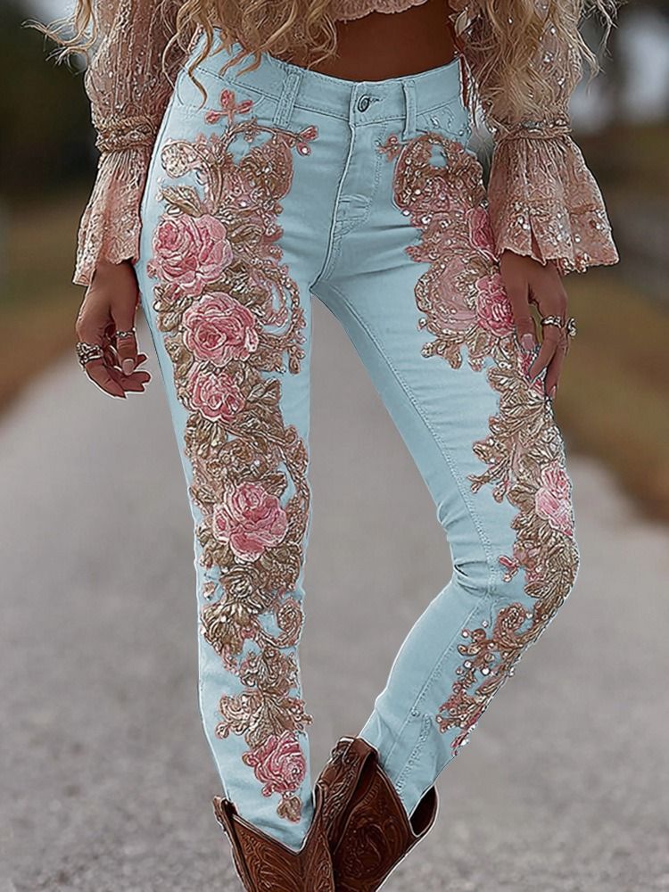 3d Digital Floral Print Jeans For Women – Stretch Straight Leg Pants, Trendy & Comfortable (S-5xl, Multiple Patterns)_mkmklike.com