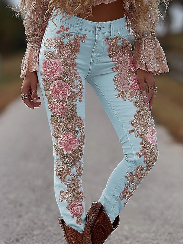 3d Digital Floral Print Jeans For Women – Stretch Straight Leg Pants, Trendy & Comfortable (S-5xl, Multiple Patterns)_mkmklike.com