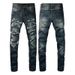 Suitable For All Seasons 1320 Trendy High Street With Ripped Patches And Leather Splicing Slim Fit Jeans_mkmklike.com