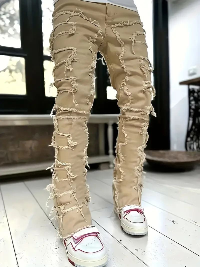 New Men's Street Fashion Ins Elastic Patch Denim Straight Leg Pants_mkmklike.com
