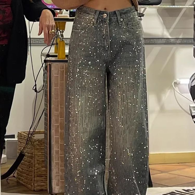 Vintage Distressed Denim Jeans - Rhinestone Embellished Wide-Leg Pants With Raw Hem For Women_mkmklike.com