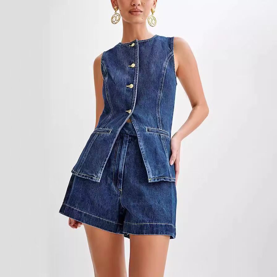 Women's Clothing Sleeveless High-Waist Denim Shorts Set – Distressed Washed Casual Outfit (Blue/Black, S-XXL)_mkmklike.com