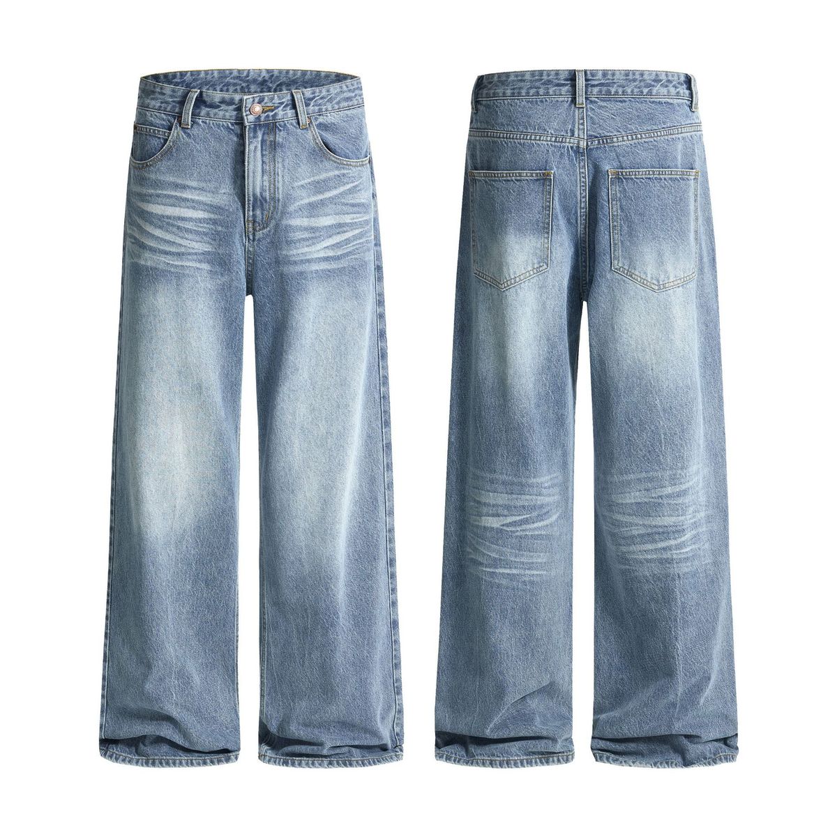Men's Clothing & Archer0603 & American High Street Retro Whiskered Washed Vintage Blue A Line Loose Straight Leg Jeans For Men And Women_mkmklike.com