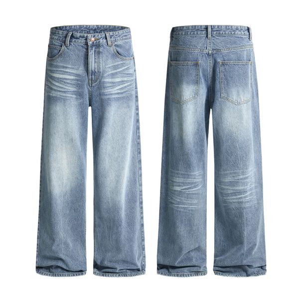Men's Clothing & Archer0603 & American High Street Retro Whiskered Washed Vintage Blue A Line Loose Straight Leg Jeans For Men And Women_mkmklike.com