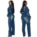 Stretch Flare-Leg Denim Jumpsuit With Distressed Hem – Slim Fit Long Sleeve Romper For Women & Men (Blue, S-2XL)_mkmklike.com