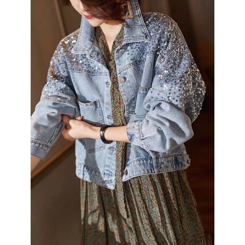 Chicco Fashion Sequin Denim Jacket Women 2025 New European Style Short Spring Outfit For Petite Slimming Top_mkmklike.com