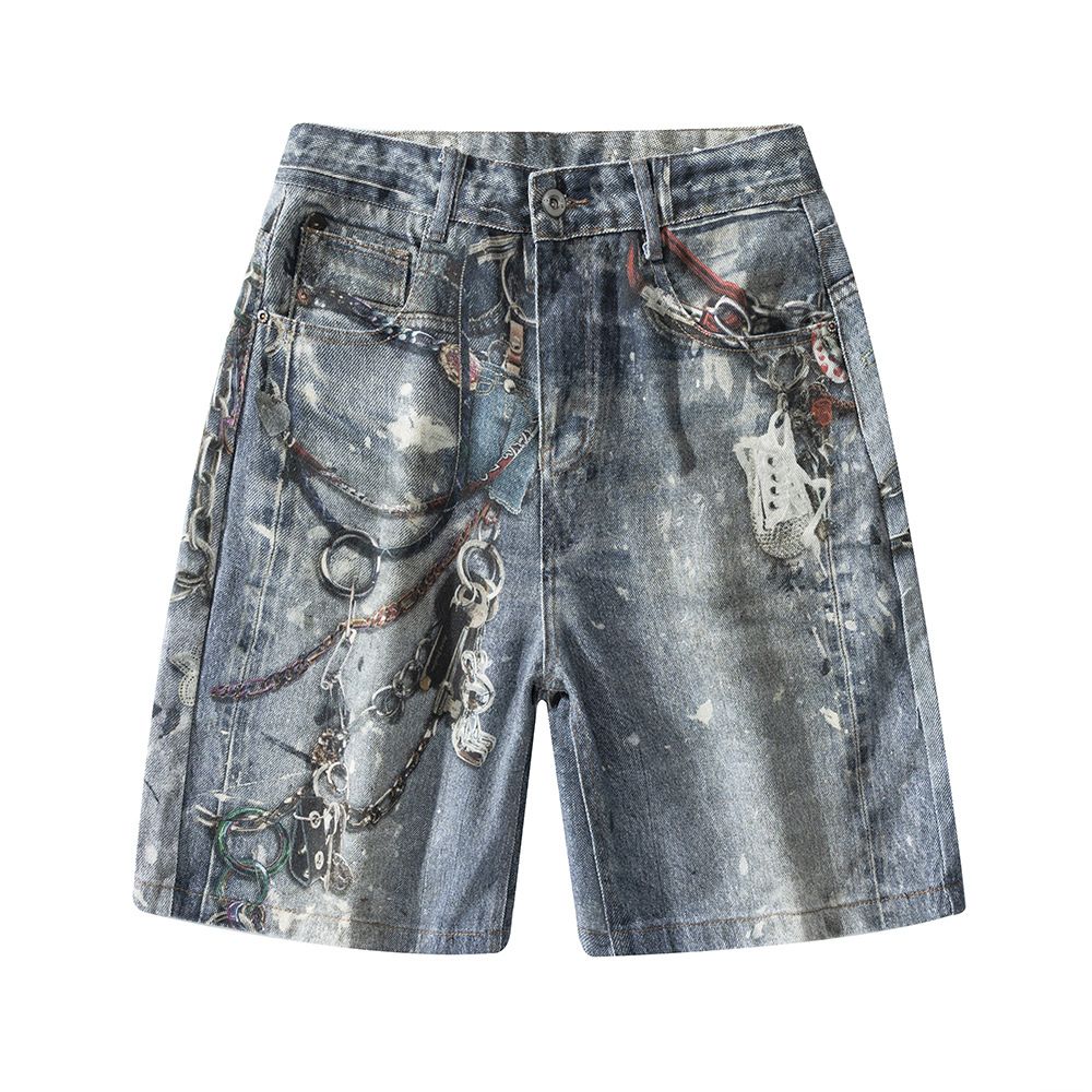 Men's Clothing Summer Fashion Brand 3D Printed Washed Hip Hop Denim Shorts Men's Loose Wide Leg Straight Leg Five Point Mid Length Pants_mkmklike.com